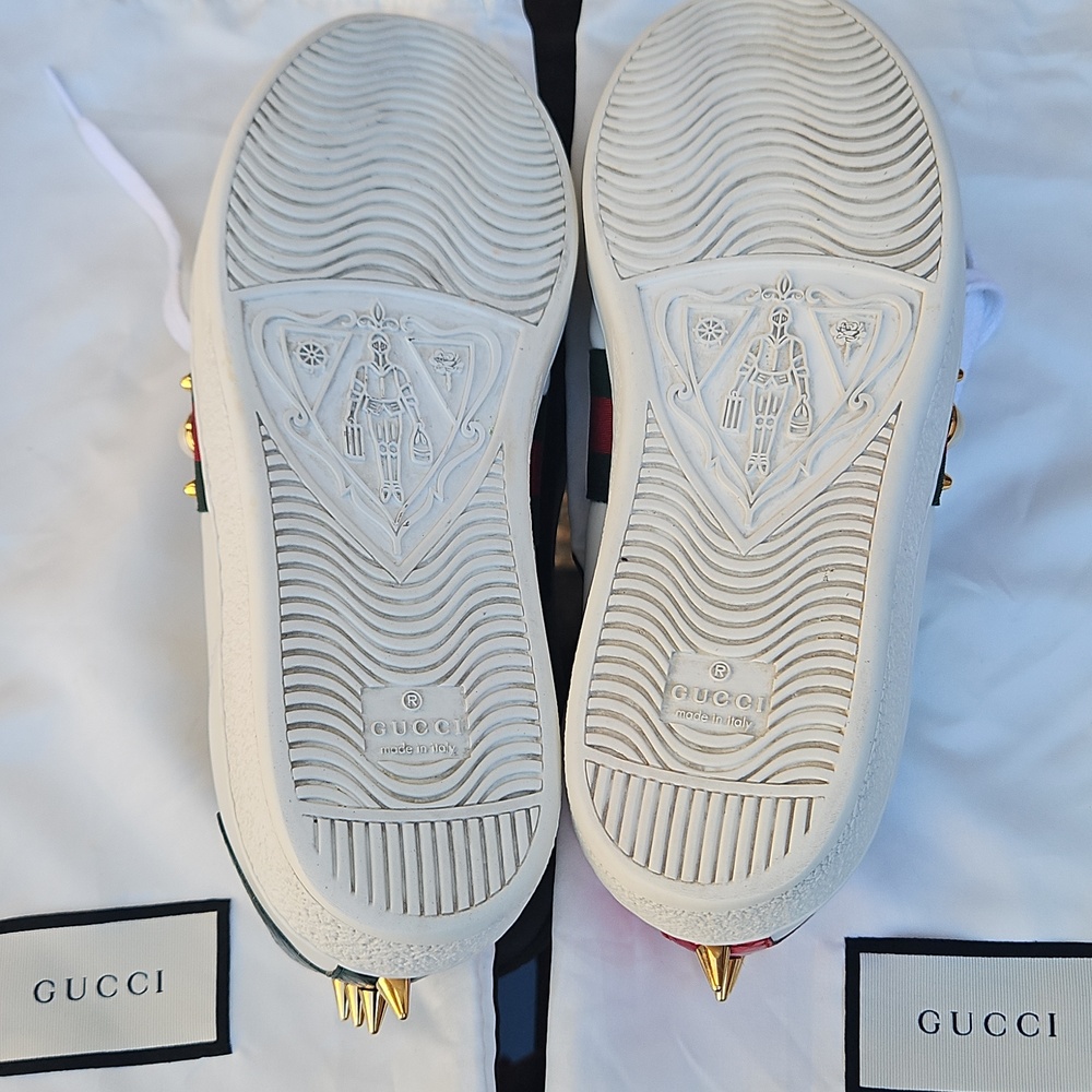 Gucci Ace White Calfskin Pearl & Spike Sneakers Sz. 38 1/2 - Picture 9 of 12